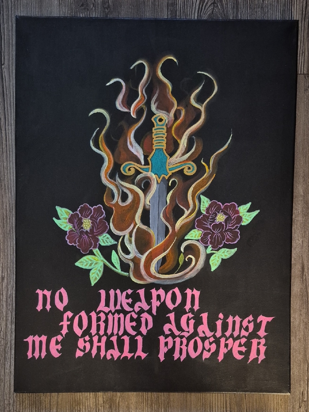 Hand-Painted Bible Verse Canvas In Traditional Tattoo Style